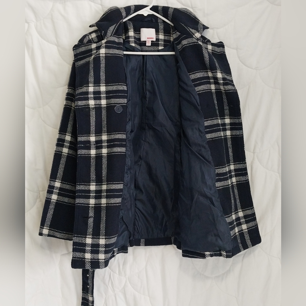 Bongo Womens Large Belted Brushed Soft Button-Down Plaid Navy Blue White Jacket - Picture 4 of 15